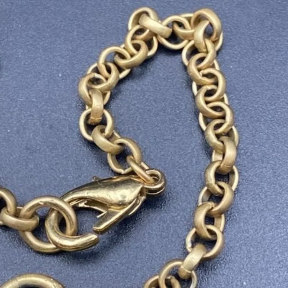 Matte Gold Tone Chain Bracelet Geometric Charms Rhinestone Modern Minimalist 8" - Picture 5 of 6